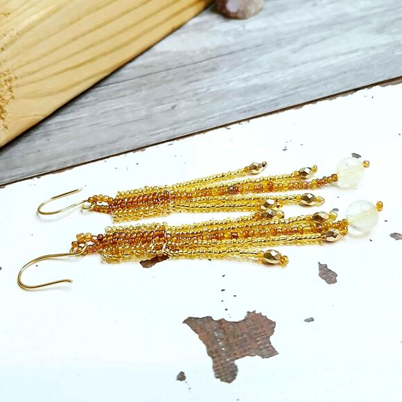Gold Rush Citrine Beaded Fringe Dangle Earrings, Gemstone Jewelry 4" - Picture 8 of 8